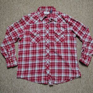 WRANGLER Wrancher Plaid Flannel Shirt Men XL Red Pearl Snap Western